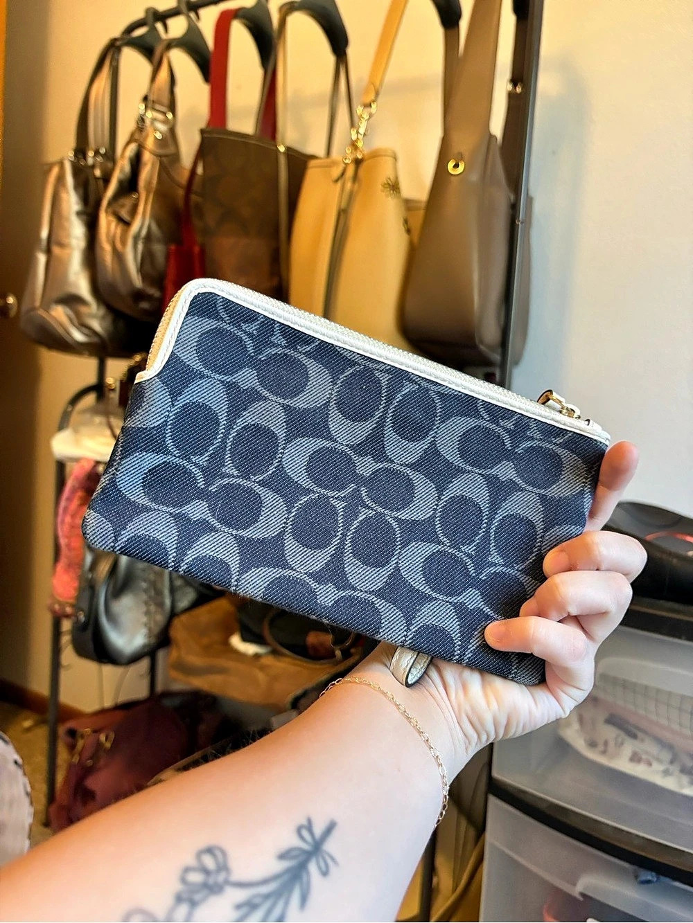 Coach Corner Zip Wristlet In Signature Denim Blue